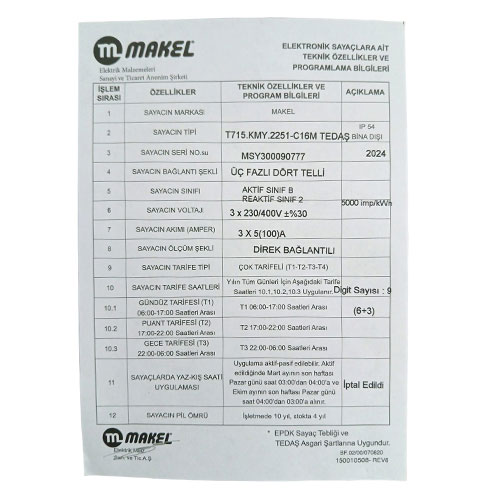 Makel 5/100 Kombi Elektrik Sayacı (Endüstriyel Sayaç)
