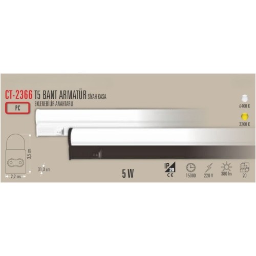 Cata Ct-2366 5W T5 Ledli Bant Armatür Siyah Kasa / Beyaz