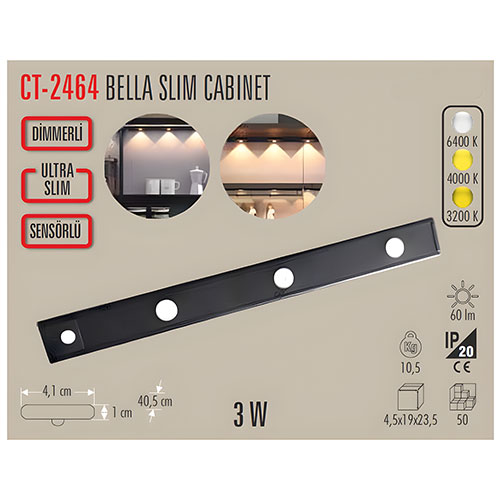 Cata CT-2464 40 cm Bella Slim Kabinet Armatürü Şarjlı Sensörlü 3200K 4000K 6500K