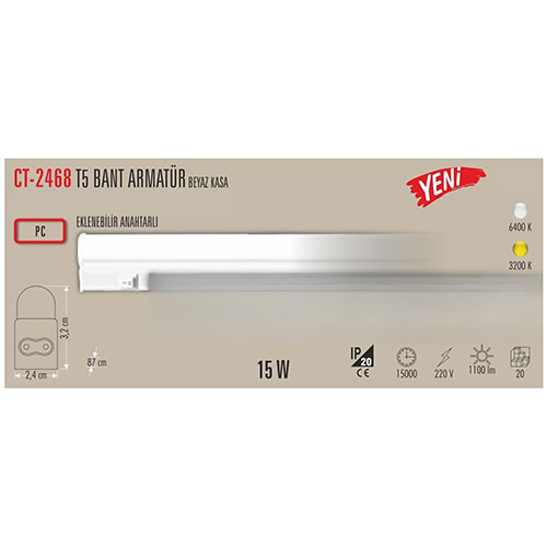 Cata Ct-2468 15W T5 Ledli Bant Armatürü Günışığı