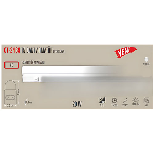 Cata Ct-2469 20W T5 Ledli Bant Armatür Beyaz
