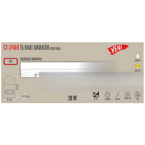Cata Ct-2469 20W T5 Ledli Bant Armatür Günışığı
