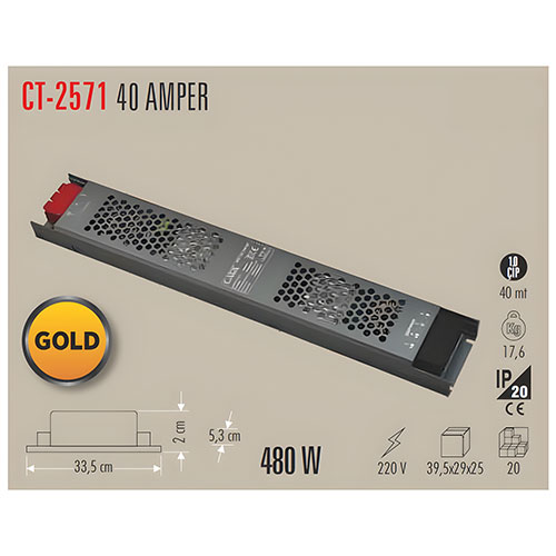 Cata Ct-2571 40 Amper Süper Slim Şerit Led Trafosu 480W