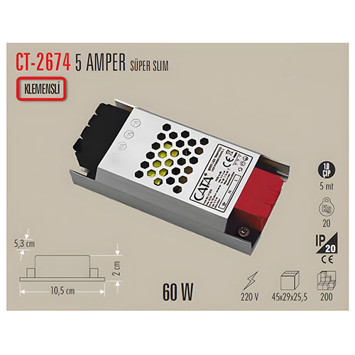 Cata CT-2674 5 Amper Led Trafo Süper Slim Fansız