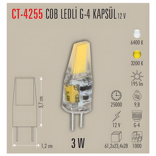 Cata Ct-4255 3W Ledli Kapsül Ampul 12V - Beyaz