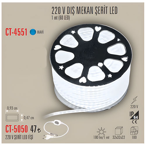 Cata Ct-4551 220V 3 Çip Şerit Led - Mavi