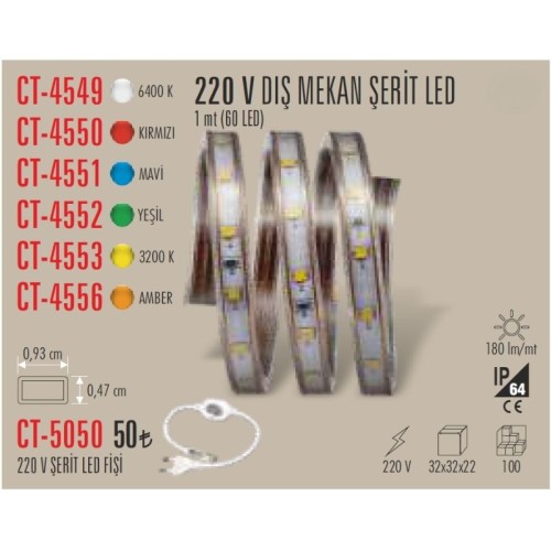 Cata Ct-4552 220V Dış Mekan Şerit Led / Yeşil 100M