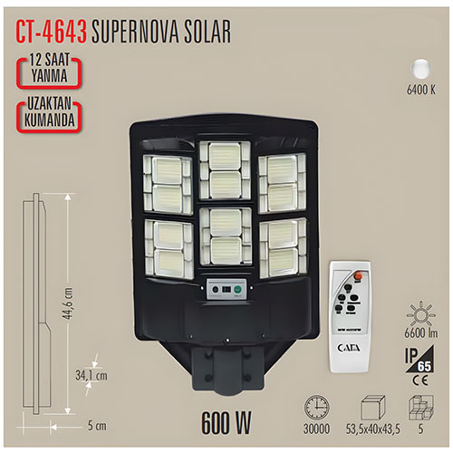 Cata Ct-4643 Süpernova 600W Kumandalı Solar Sokak Armatürü 