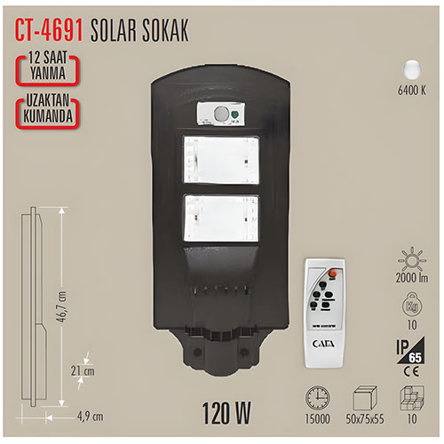 Cata Ct-4691 120W Solar Sokak Armatür /Beyaz