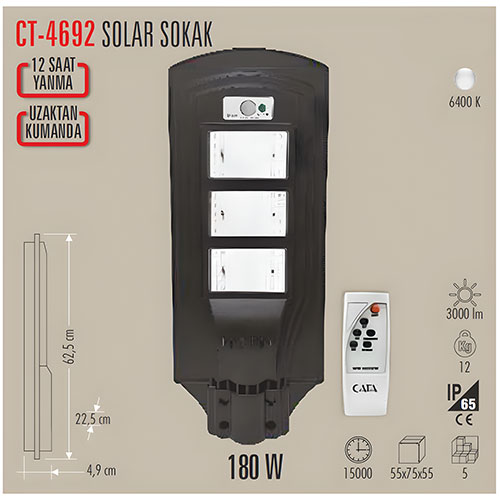 Cata Ct-4692 180W Solar Sokak Armatürü Beyaz