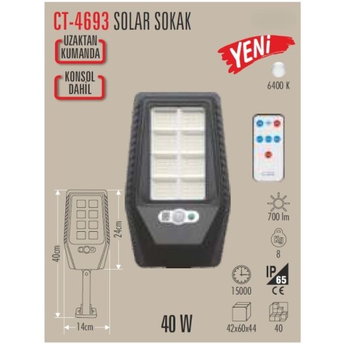 Cata Ct-4693 40W Solar Sokak Armatürü / Beyaz