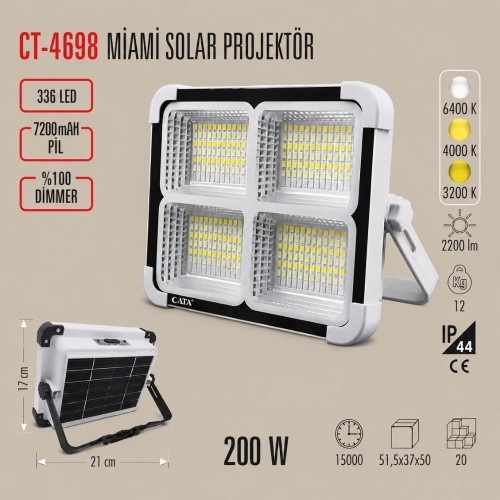 Cata Ct-4698 200W Solar Led Projektör Beyaz