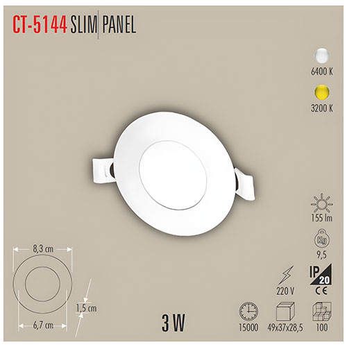 Cata Ct-5144 Eco 3W Panel Led Armatür / Günışığı