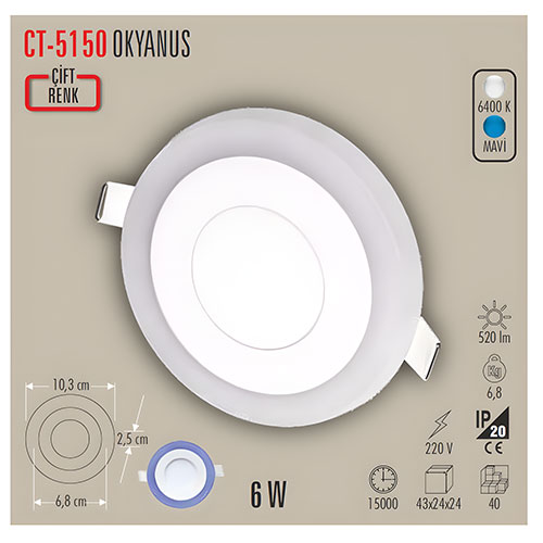 Cata Ct-5150 6W Panel Led Armatür Beyaz + Mavi