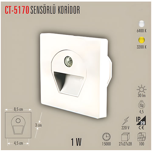 Cata Ct-5170 1W Sensörlü Ledli Koridor Armatür Beyaz