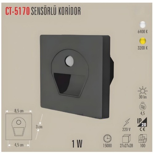 Cata Ct-5170 1W Sensörlü Ledli Koridor Armatür Siyah Kasa - Beyaz