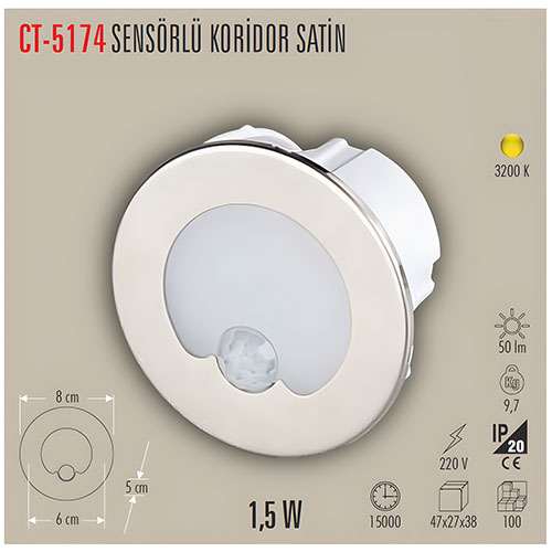 Cata Ct-5174 Radar Sensörlü Koridor Aydınlatma 2,5W /Günışığı