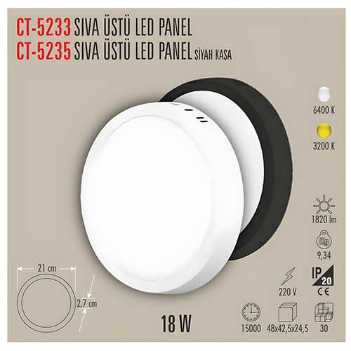 Cata Ct-5235 Siyah Kasa 18W Sıva Üstü Led Armatür Beyaz