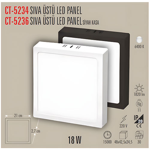 Cata Ct-5236 18W Sıva Üstü Kare Siyah Panel Led Armatür/BEYAZ