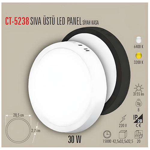Cata Ct-5238 30W Sıva Üstü Siyah Kasa Panel Led Armatür / Beyaz