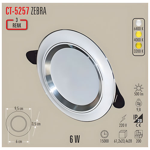Cata Ct-5257 6W Zebra Led Armatür (Beyaz-Krom) 3 Renk