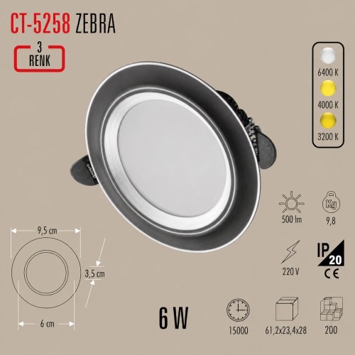 Cata Ct-5258 6W Zebra Led Armatür (Siyah-Krom Kasa) 3 Renk