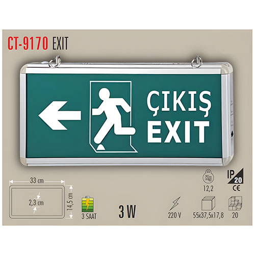 Cata Ct-9170 Exit Şarjlı Ledli Acil Çıkış Armatürü (Sağ-Sol) Yan Ok