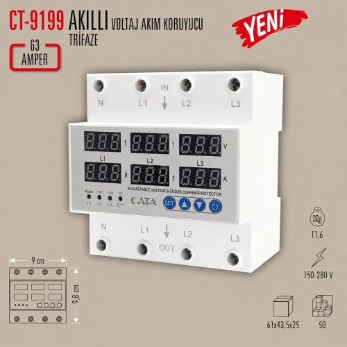Cata Ct-9199 Trifaze Akıllı Voltaj Ve Akım Koruyucu
