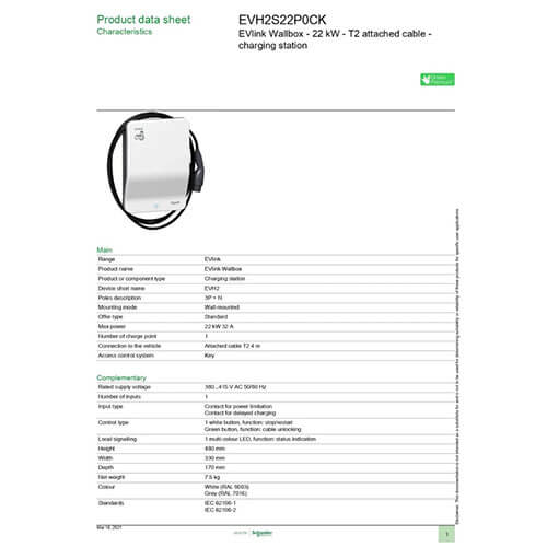 Schneider EVH2S22P0CK Evlink Wallbox 22kW T2 Bağlantılı Kablolu Araç Şarj İstasyonu